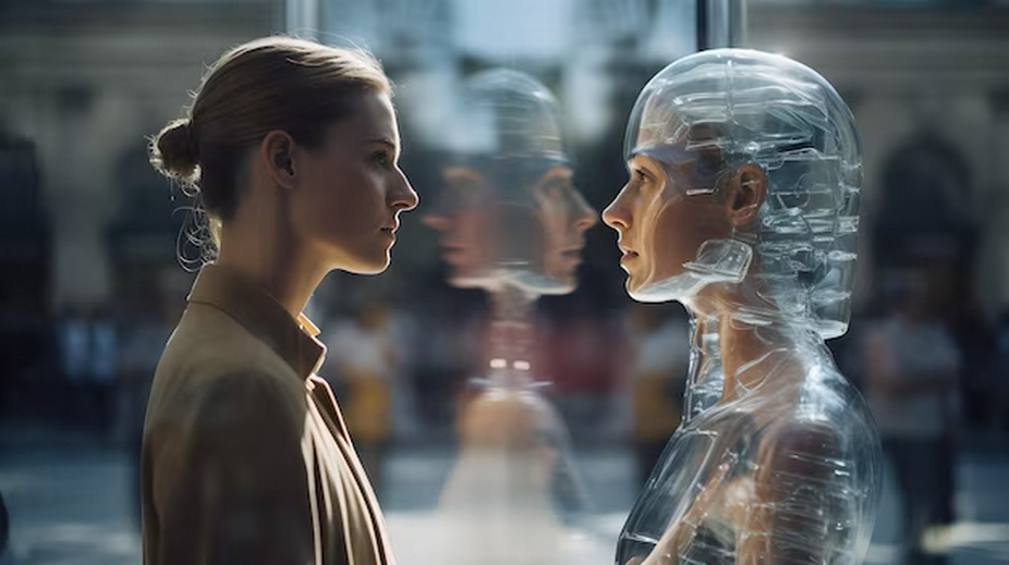 AI android stands face to face with a man