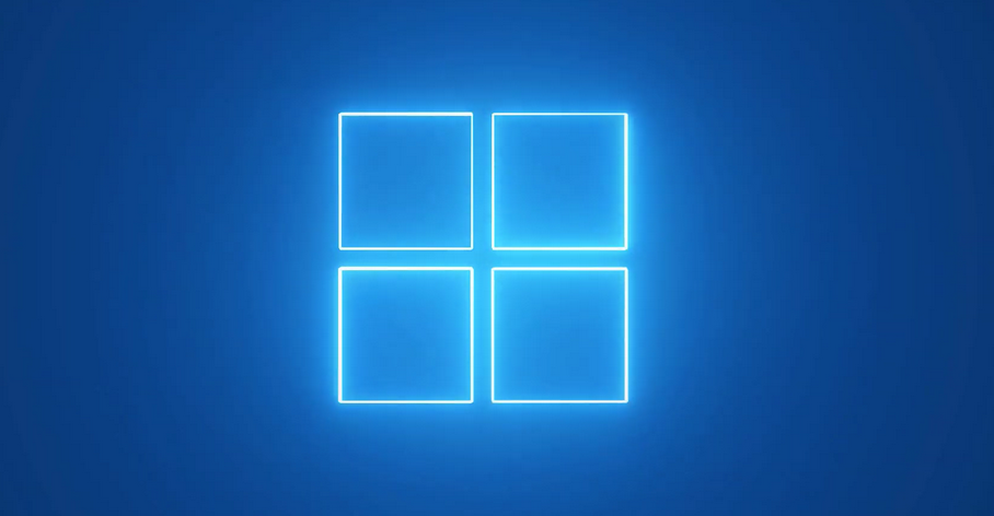 A blue background with a glowing Windows logo in the center.