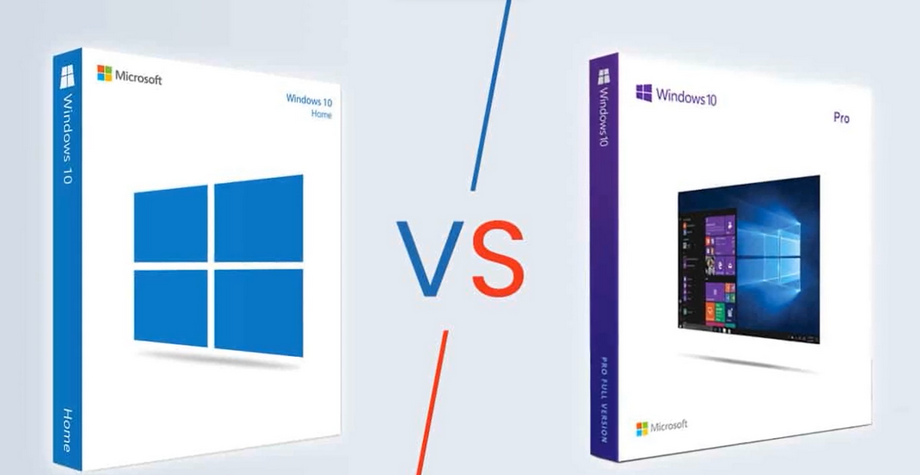 A comparison graphic showing the boxes of Windows 10 Home and Pro versions.