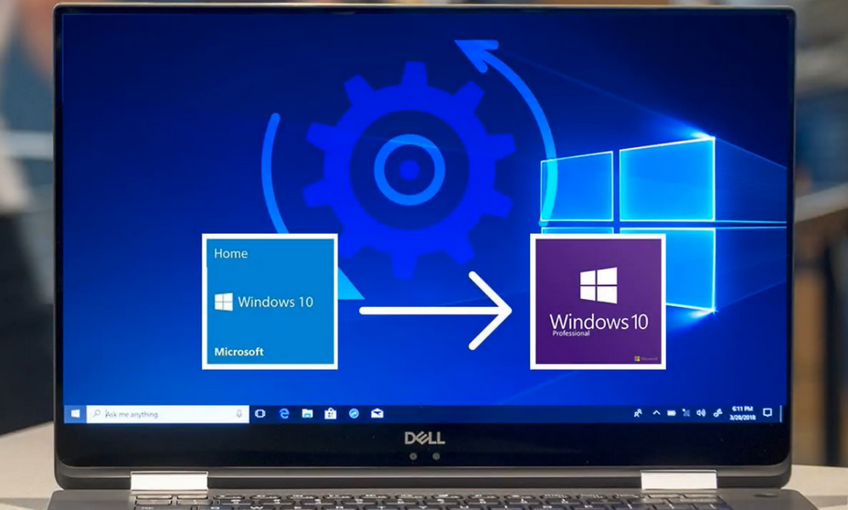 A laptop screen displaying an upgrade path from Windows 10 Home to Pro.