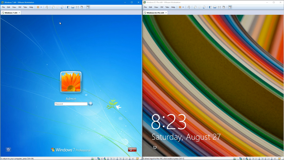 A split-screen comparison of the login screens of Windows 7 and Windows 8.1.