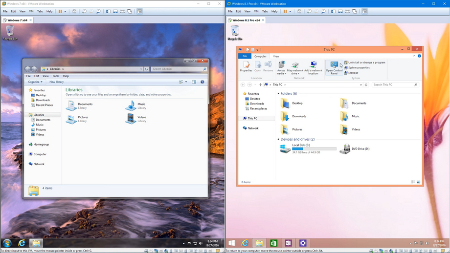 A split-screen showing the desktop interface of Windows 7 and Windows 8.1.