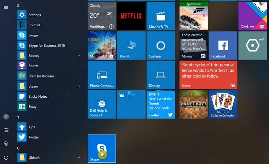 A screenshot of the Windows 10 Start menu displaying various applications and live tiles.